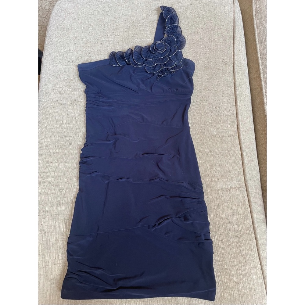 Navy Blue, one shoulder, rouched dress